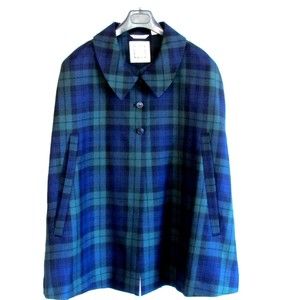 Capes Coats Designer Women's Ponchos Navy/Green Plaid Wool Blend Cape Size 10.R